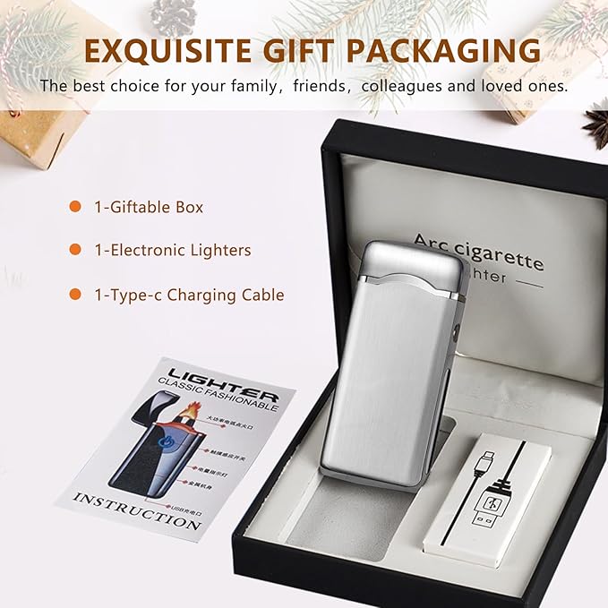 SKRFIRE Dual Arc Electric Lighter – Upgraded Plasma Lighter, Rechargeable with Touch Ignition, Digital Battery Display, Windproof for Candle, BBQ, Camping & Travel (Silver Ice