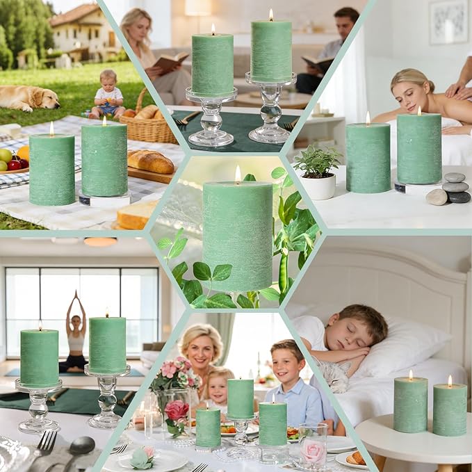 6 Pack Sage Green Soy Pillar Candles,Natural Soybean Pillar Candles,330 H Long Lasting Burning-Unscented,Dripless and Smokeless Rustic Hand-Poured Candles Dinner Table,for Wedding,Home 2.8x4in