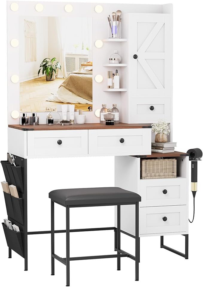 YIKEHOME Makeup Vanity Desk with Mirror and 10 Lights, 3-Colour Hollywood Brighter Bulbs, Vanity Table Set with Large Drawers and and Charging Station for Bedroom Dressing Room White