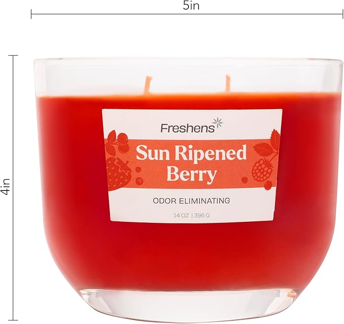 Carolina Freshens Sun Ripened Raspberry Odor Eliminating Highly Fragranced Candle for Home Scented, Eliminates 90% of Pet, Smoke, Food and Other Smells Quickly, 2 Wick, 14 oz - Made in The USA