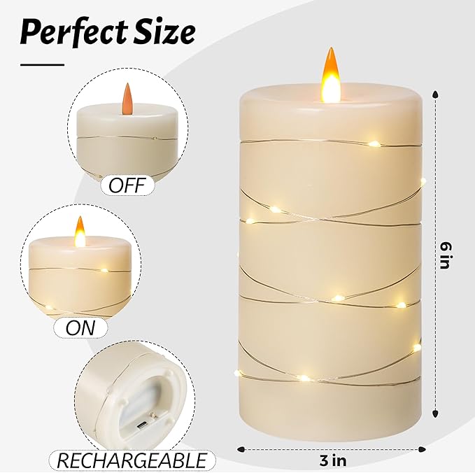HaitanghuaRechargeable Flameless Candles, LED Candles, Candles with Remote and Timers, Real Wax Pillar Candles, with Flickering Embedded Star String，Ivory White, Set of 2