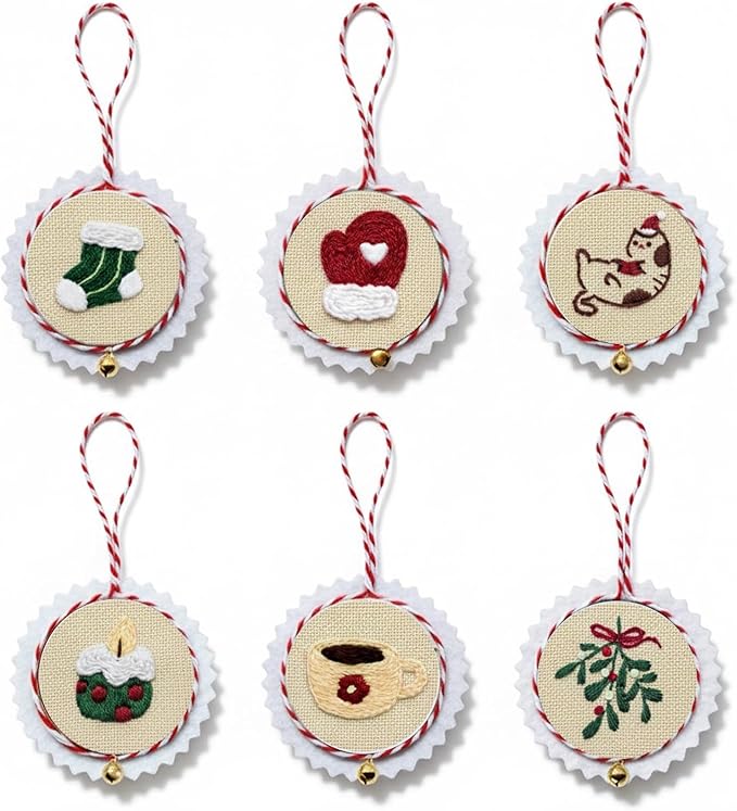 TenDawn Christmas Embroidery Ornament Kit, Set of 6 DIY Holiday Decorations – Santa, Tree, Stocking, Hot Cocoa, Candle & Gift Designs – Rustic Handmade Christmas Decor