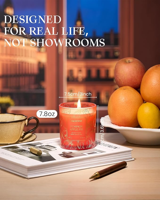 M&SENSE Pumpkin Apple Pie Scented Candles, 8.1oz 42-Hour Slow Burning Soy Candles, Cozy Fall Halloween Thanksgiving Christmas Holiday Fragrance