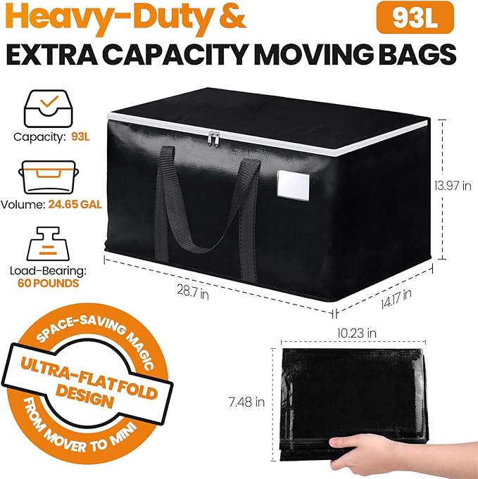 StoreHappily Heavy-Duty & Extra Capacity Moving Bags with Backpack Straps, Storage Totes with Double Zipper & Strong Handles, Packing Bags Alternative to Moving Boxes, Moving Supplies (8 Pack, Black)