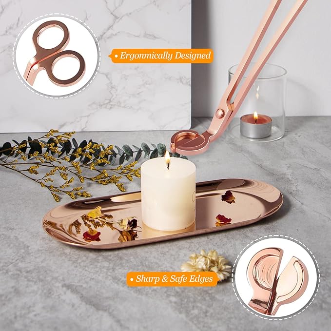 Lsnisni 5Pcs Accessory Set with Rechargeable Electric Lighter, Storage Tray, Wick Trimmer, Snuffer, Dipper, Stainless Steel Care Kit Gift Package for Candle Lover Rose Gold