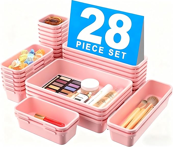 【𝟮𝟴𝗣𝗖𝗦】 【𝟱𝗦𝗶𝘇𝗲】 Pink Drawer Organizer, Makeup organizer, 【Holds 177 Items】 Bathroom Organizers and Storage, Plastic Desk Organizer Divider, Organizer Bins for Office Vanity A-LUGEI