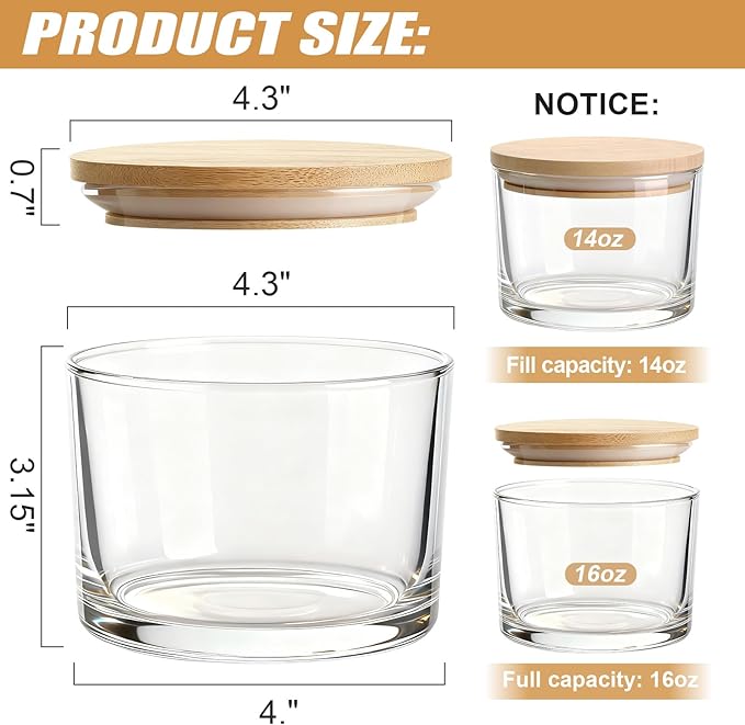 16oz Candle Jars, 12-Pack 3 Wick Candle Jars for Making Candles, Empty Thick Glass Wide-Mouth Jars with Bamboo Lids & Wick Kits, Candle Containers Bulk - Clear