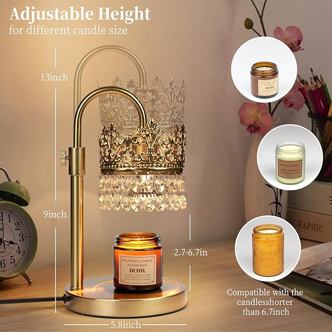 Candle Warmer Lamp with Timer Dimmer Adjustable Height with 2 Bulbs Crystal Candle Lamp Elegant Home Decor for Valentine's Day Gift Wax Melt Warmers for Women Birthday Gift (Gold)