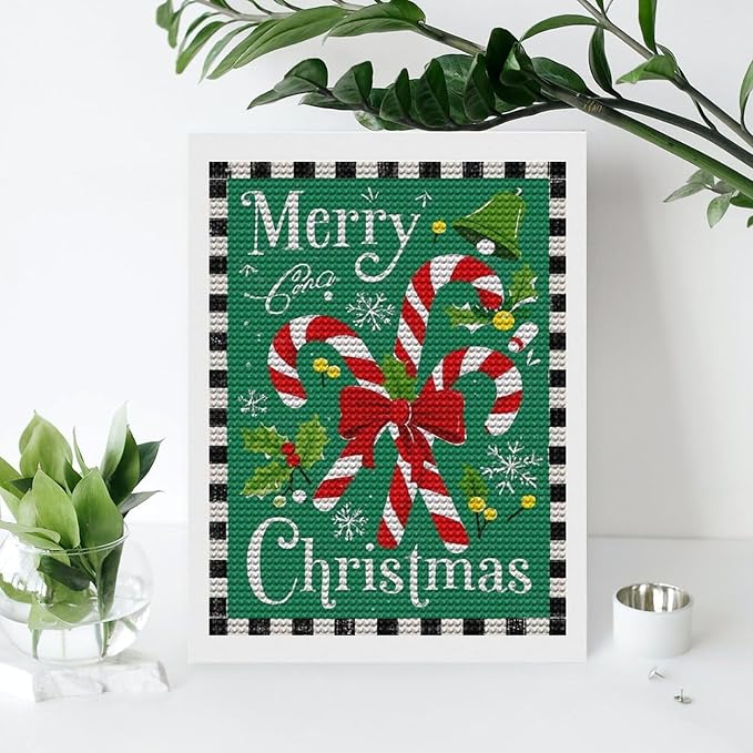 AIVKIEJK Diamond Painting Kits for Adults - Festive Merry Christmas Red Bow, Candy Cane & Bell Painting DIY 5D Full Drill Diamond Dots Paintings with Diamonds Gem Art and Crafts Home Decor 12"x16"