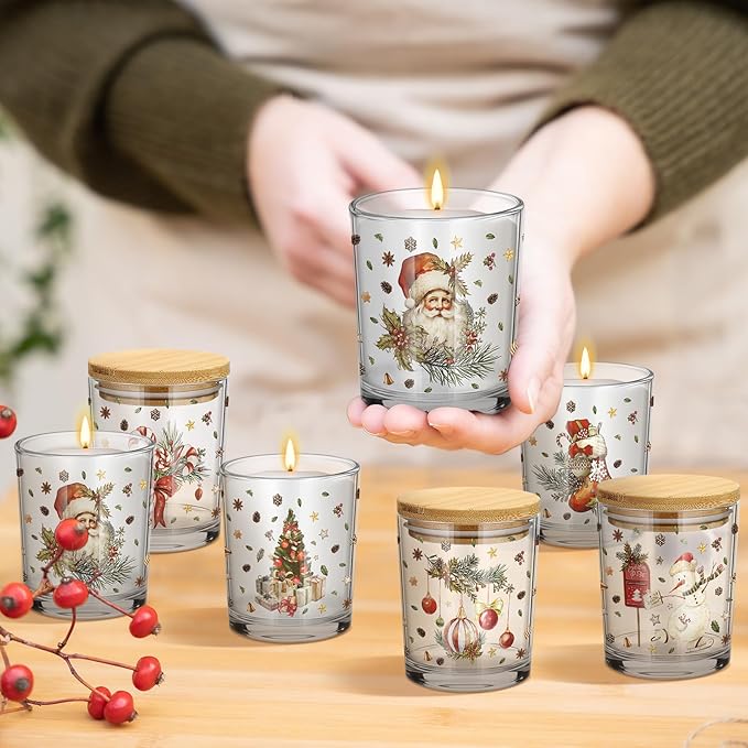 Ziliny 12 Pack 7 oz Christmas Glass Candle Jar with Wood Lids Xmas Retro Thick Empty Jars for Making Candles Small Holiday Container Bulk for Gifts Making DIY Party Supplies Accessories