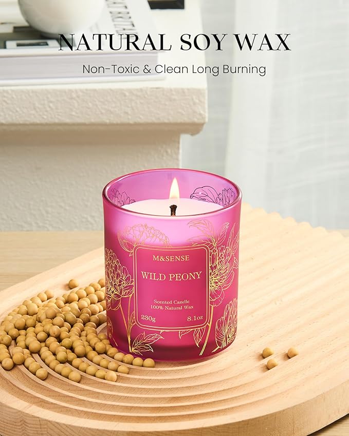 M&SENSE Wild Peony Floral Soy Candles, Vegan Subtle Scented 8.1oz 42-Hour Long Lasting, Non Toxic Candle for Bathtub Date Night Romance, Winter Home Fragrance Gifts for Women