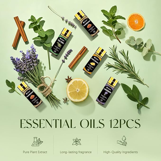 12 pcs Essential Oils Set, Pure Essential Oil for Diffuser, Humidifiers, Skin Care, Massage, Fragrance Oil Scent for DIY Candle and Soap Making, Gift for Friend