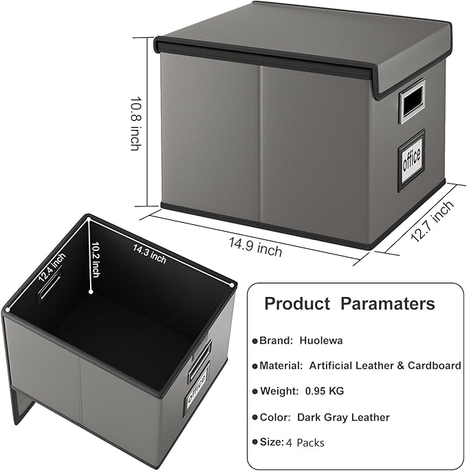 Huolewa Portable Leather File Organizer Boxes with Lids, Office Document Boxes Organizer, Filing Boxes, Decorative Small File Boxes for Hanging Files with Plastic Slide for Office/Decor/Home