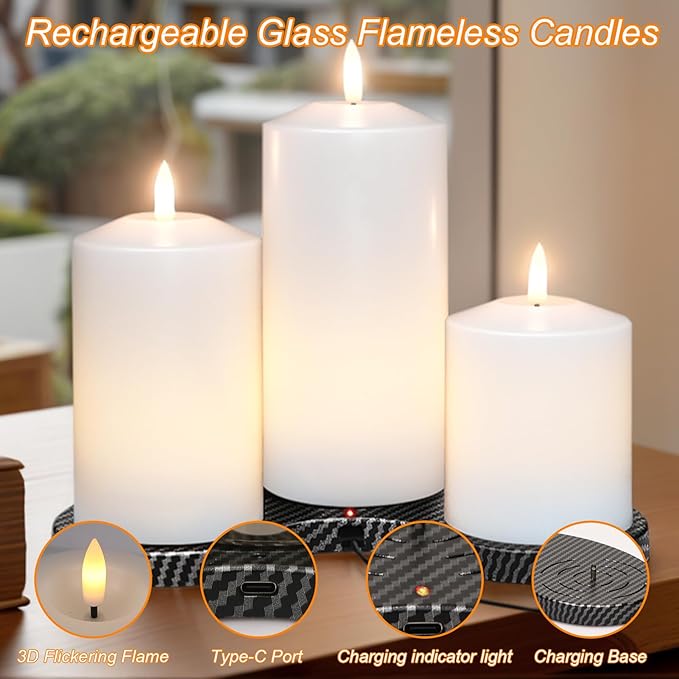 GenSwin Rechargeable Flameless Candles Battery Operated with Remote Timer, Set of 3 LED Pillar Candles with 3D Flickering Wick, Remote White Candle for Party/Wedding/Home Decor(D3x H4.6”5.8”6.8”)