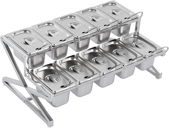 2-Tier Expandable Spice Rack with Lids & Spoons, Stainless Steel Seasoning Organizer Shelf, Pizza Topping Station, Kitchen Countertop Holder for Condiment Ingredients Sauces Jams Fruits