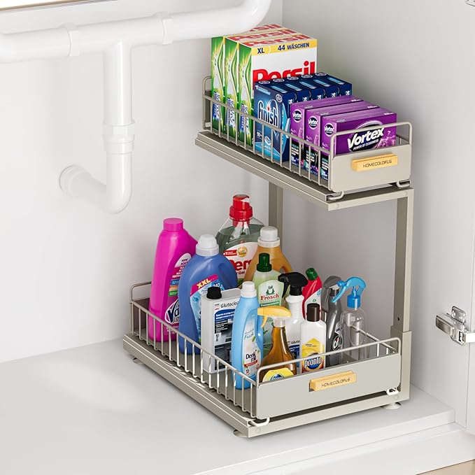 Under Sink Organizer, 2 Tier Pull Out Bathroom Cabinet Organizers and Storage L-Shaped,Multi-Purpose Metal Sliding Drawer Storage Shelf for Kitchen Bathroom, 1 Pack Grey