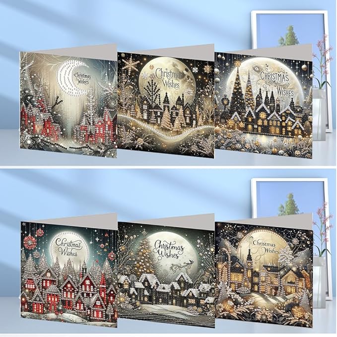 6PCS Diamond Art Christmas Cards with envelopes, Festive Holiday Greeting Cards Kit, Christmas Diamond Art Kits for Adults