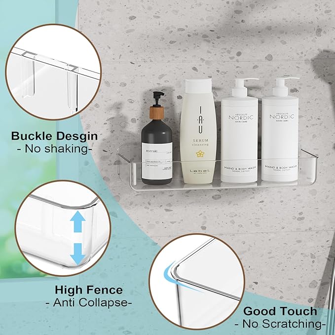 Wall Mounted Storage Organizer Bins Organizing Shelf Basket Clear Plastic Makeup Organizer Adhesive Hanging Bin Fridge Organizer for Bathroom,Kitchen,Cabinet,Pantry,Countertops (13.7×5×2.7”)
