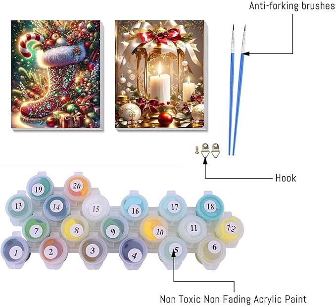 2 pack Christmas Boots Paint by Numbers Kit for Adults Beginner With Framed,Candle Easy Adult Paint by Number Kits on Canvas DIY Painting for Beginners Art by Numbers for Home Wall Decor 10x12 Inch