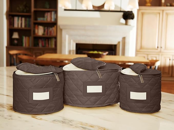 Covermates Keepsakes Dish Storage Set – Padded China & Dinnerware Storage Cases with Dividers, Cup & Stemware Storage, Quilted Polyester Protection, ID Window, Bronze