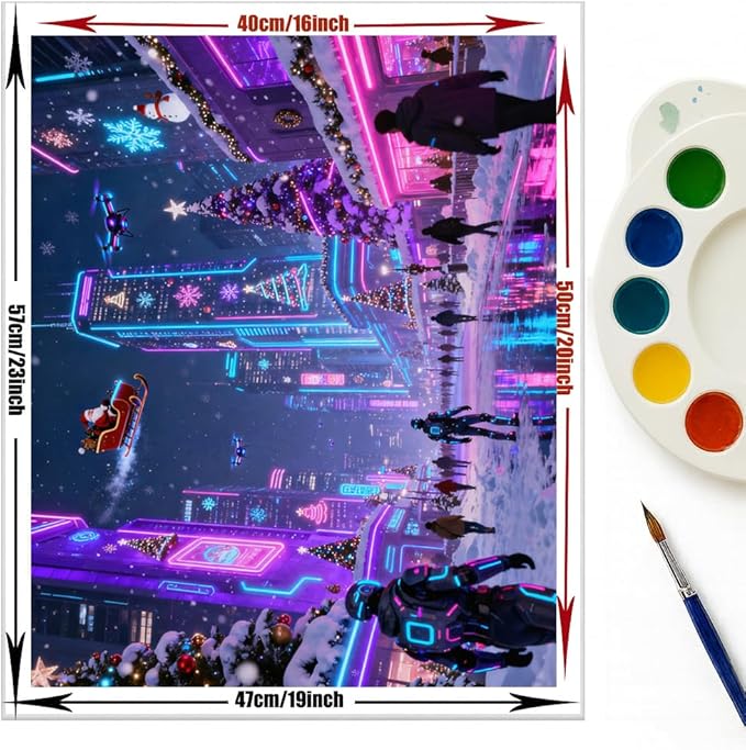 EnLvYY Cyberpunk Christmas Paint by Numbers Adult 16x20 Inch, DIY Acrylic Painting Kit for Beginners, Futuristic City Neon Lights Winter Scene Wall Art, Gift for Teens and Adults, Unframed