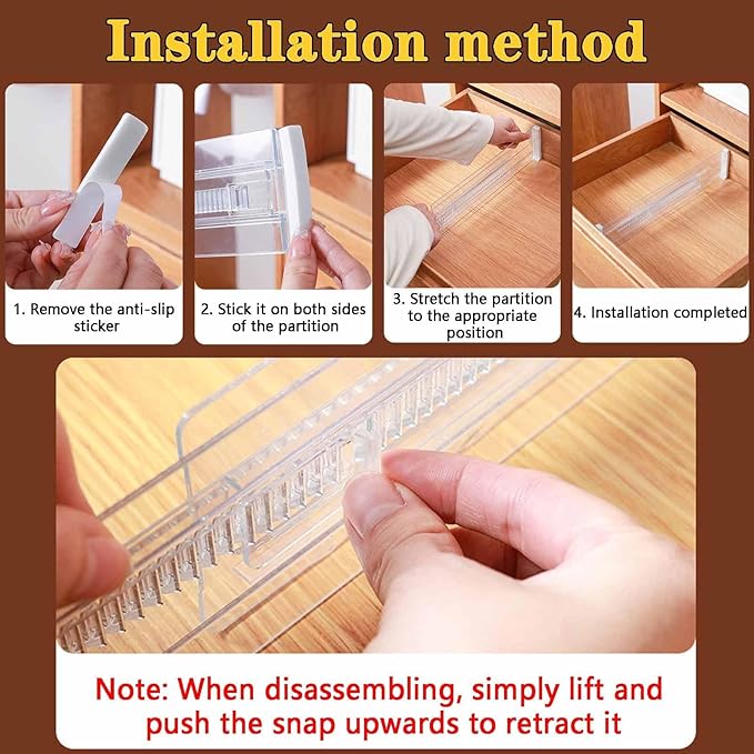 4 Pcs Drawer Dividers for Clothes, 3.15" High 11.34"-19.69" Adjustable Expandable Dresser Drawer Organizer, Clear Plastic Separators for Dresser, Baby Clothing (4, white‌)