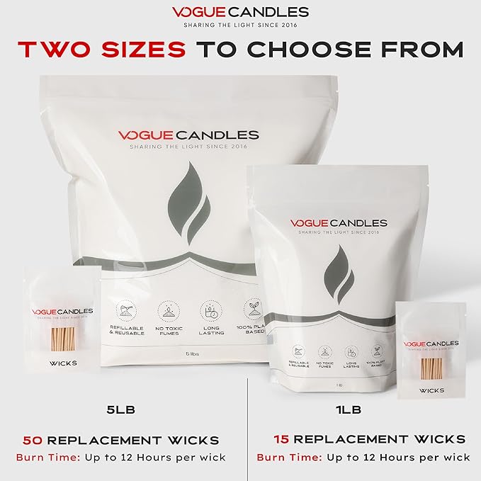 Vogue Candles White Pearled Candle Sand Wax (1 LB) – Mother’s Day Candle Kit with 15 Cotton Wicks for DIY Home Lighting – Plant-Based & Reusable Wax Granules Refill for Clean Burning & Custom Vessel