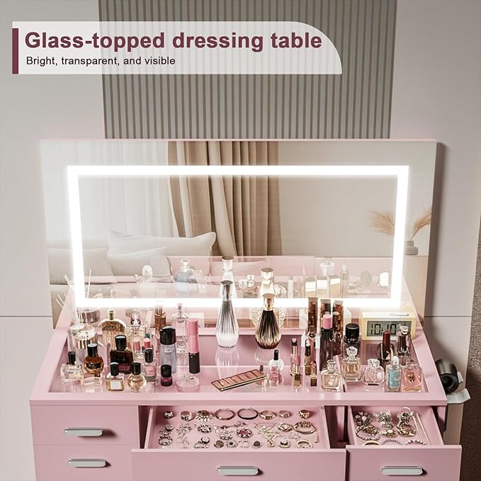 Vanity Desk with Mirror and Lights, 50" Makeup Vanity with Glass Top & Power Outlet, White Vanity with 11 Drawers & 8 Hidden Storage Shelves, 3 LED Lighting Modes Adjustable for Bedroom (PINK)