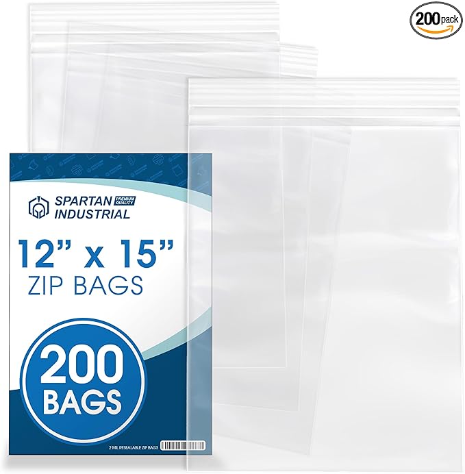 Spartan Industrial - 12” X 15” (200 Count) 2 Mil Clear Reclosable Zip Plastic Poly Bags with Resealable Lock Seal Zipper