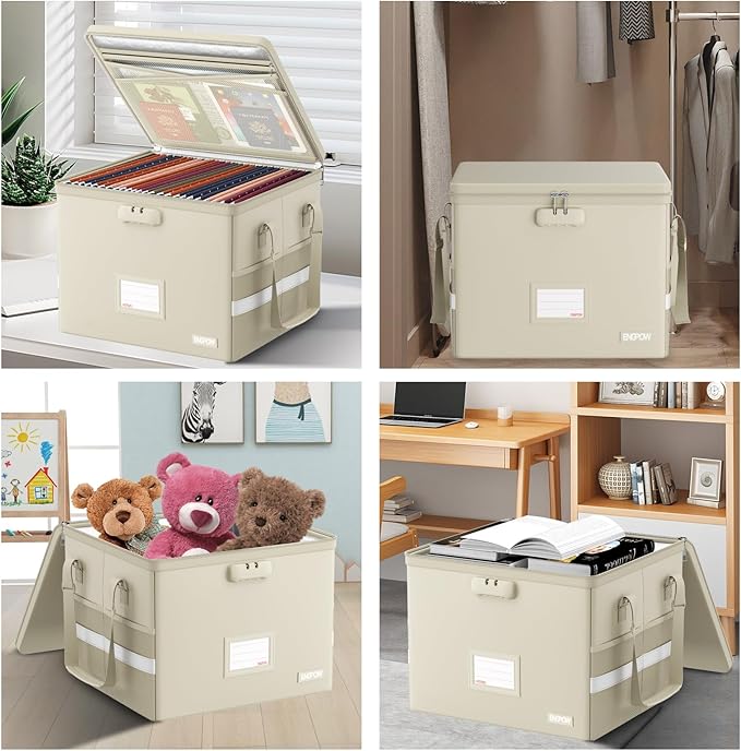 ENGPOW 5200°F File Box Fireproof Document Box with Lock,Heat Insulated Collapsible File Storage Organizer Box with Handle,Portable Home Office File Cabinet for Hanging Letter/Legal Size Folder, Beige
