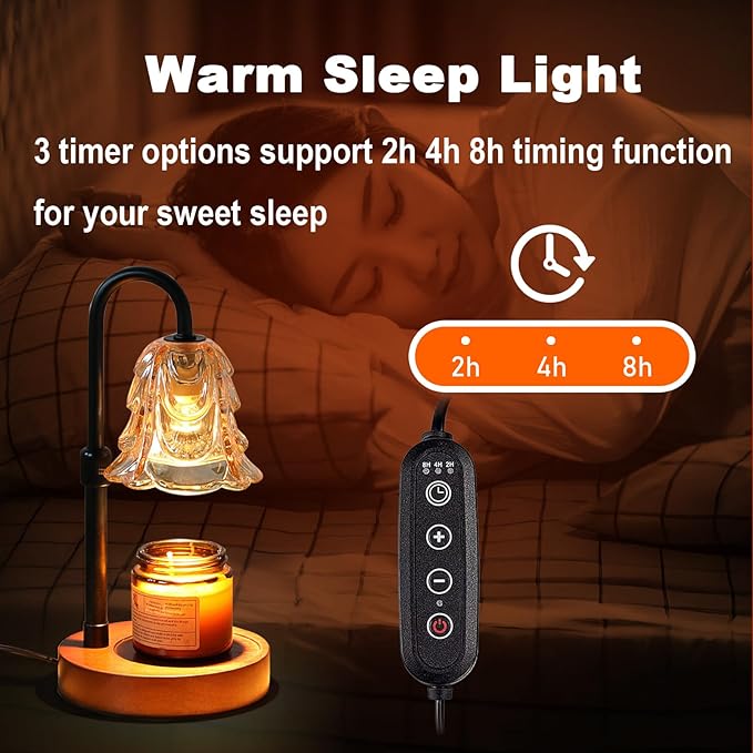 ANFOOS Candle Warmer Lamp with Timer and Dimmer, Flower Glass Shade Adjustable Height Flameless Wax Melt Warmer for Home Office Decor, 4 Brightness Mood Lighting, Includes 2 GU10 Bulbs
