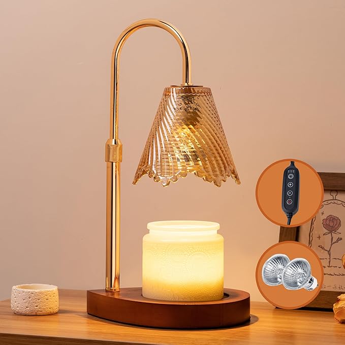 Candle Warmer Lamp with Timer Dimmable,Glass lampshade and Water-Drop-Shaped Wooden Base,Height Adjustable Candle Warmer with 2 Bulbs,Gifts for Women Mom,House Warming Gifts New Home Bedroom Decor