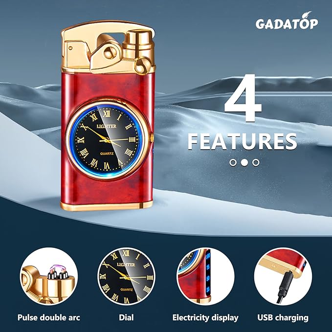 GADATOP Electric Windproof Lighter - USB Rechargeable Flameless Double Arc Plasma Lighter with Luminous Real Watch dial LED (Grain Wood red)