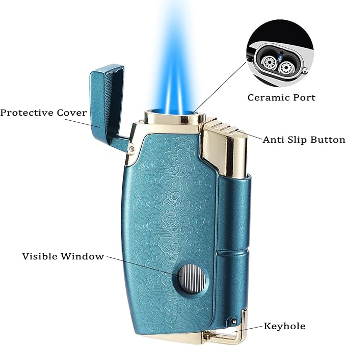 Double Torch Butane Lighter with Punch, Jet Windproof Lighter with Keyhole, Refillable and Adjustable, Great Gift for Men and Women, Sold Without Butane(Blue)