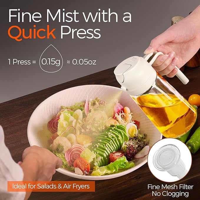 YARRAMATE 2Pcs 16oz/470ml 2 in 1 Oil Sprayer for Cooking with Stickers, Food-grade Glass Oil Spray Bottle, Oil Dispenser and Oil Sprayer for Kitchen, Salad, Frying, BBQ (White &Black)