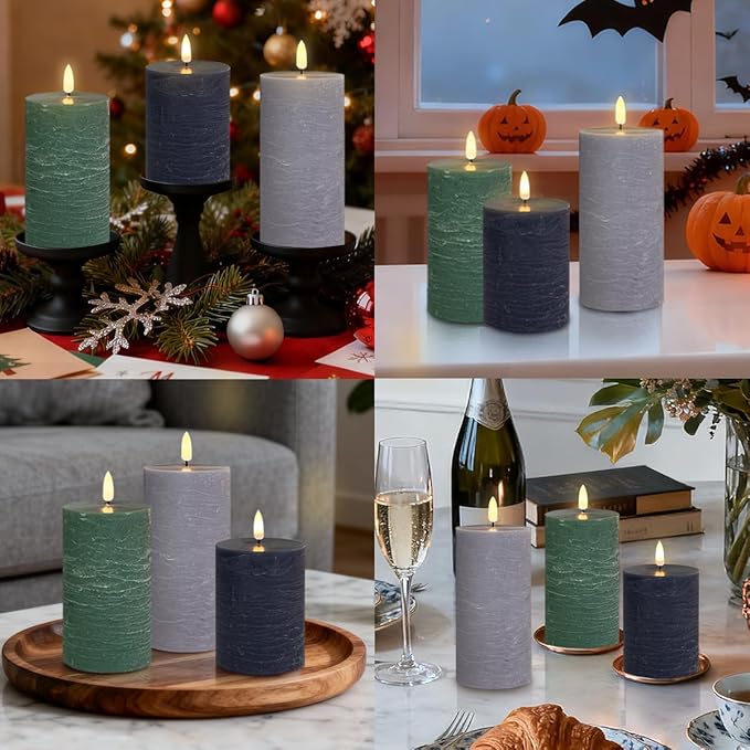 Rechargeable Flameless LED Pillar Candles–Luminous Real Wax Indoor Home Decor–Set of 3, Realistic Flickering LED Flame,Remote & Timer, USB-Rechargeable（Verdant & Ash Tones）
