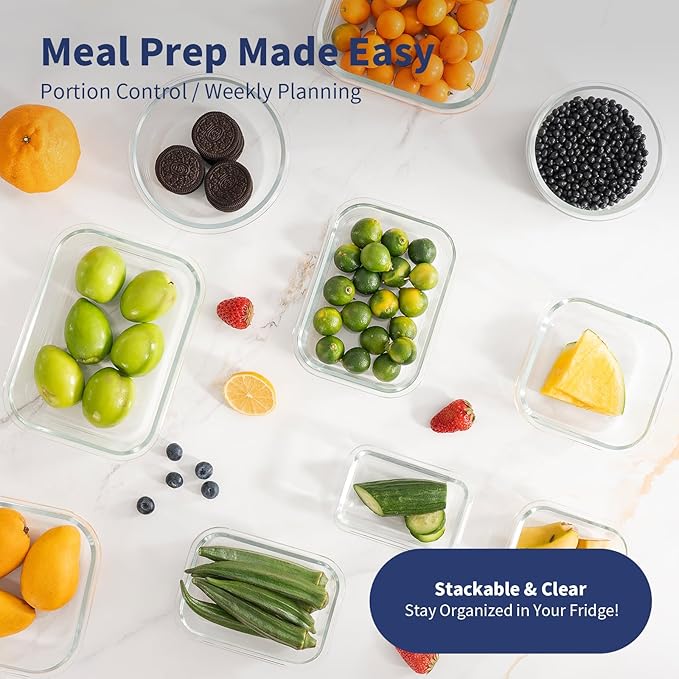 GENICOOK 30 Pieces Glass Food Storage Containers with Snap Locking Lids,Glass Meal Prep Containers Set - Airtight Lunch Containers, Microwave, Oven, Freezer and Dishwasher BLUE