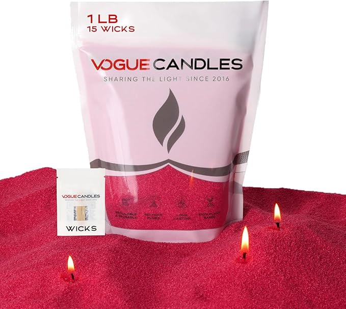 Vogue Candles Granulated Red Wax Refill – 1LB Pearled Candle Sand Wax – Mother’s Day Candle Kit with 15 Cotton Wicks for DIY Home Lighting – Plant-Based & Reusable for Clean Burning & Custom Vessels