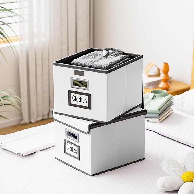 Huolewa Portable Leather File Organizer Boxes with Lids, Collapsible File Folder Organizer Boxes, Decorative Small Filing File Cabinet for Home/Office, Easily Store Documents/Hanging File Folders