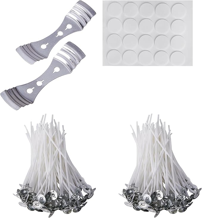 Candle Making Kit, 200 Cotton Wicks 2 inch, Wick Stickers, 2Metal Holders