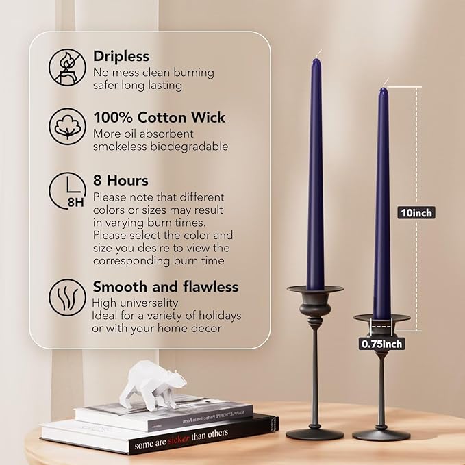 10-Inch Tall Dripless Taper Candles Set of 4 - Navy Blue Tapered Candles, Perfect for Wedding,Christmas - Smokeless, Unscented, Long Burning - Hand Poured, Colored Tall Candlesticks