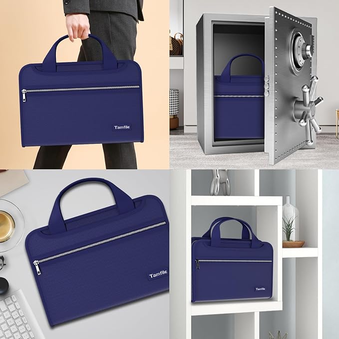 Fireproof Accordion File Organizer with Handle, 13 Pocket Expanding File Folder with Zipper & Labels, File Folder with 3 Ring Binder, Multi Pockets Paper Organizer Folder for Letter A4 Files (Blue)