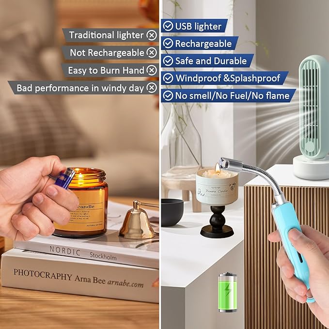 Lighters for Candle,Flameless Plasma Arc Electric Lighter USB C Rechargeable, Long Flexible Neck with Safety Switch for Birthday, Fireplace, Stocking Stuffers Gifts (Blue)
