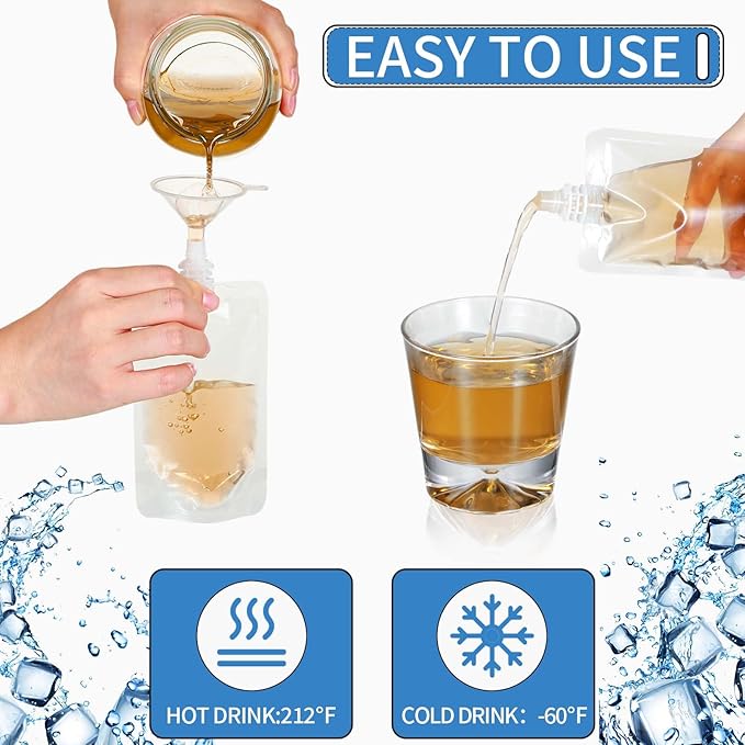 100 Pcs Plastic Pouches Bulk Clear Juice Bags Squeeze Pouches Plastic Leak Proof Bags with Funnel for Party Favors (15 oz)