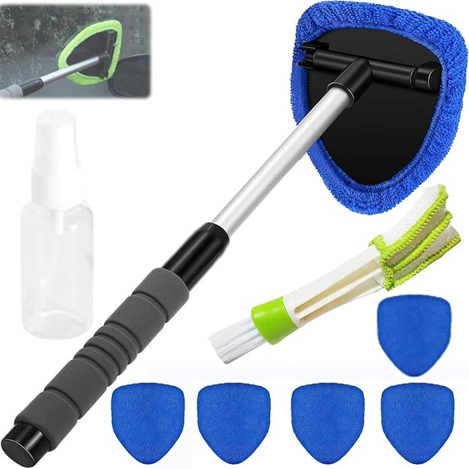 IBHOO Glass Defogger Brush for Car, Microfiber Car Windshield Cleaning Tool with Extendable Handle, with 4 Reusable and Washable Microfiber Pads