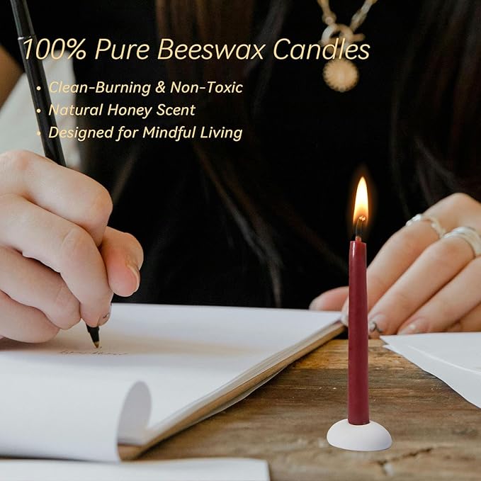 20 Minute 100% Pure Beeswax Candles, Mini Mindful Meditation Taper Candles, Smokeless & Dripless with Holder for Yoga, Prayer, Relaxation (Red,60 Pack)