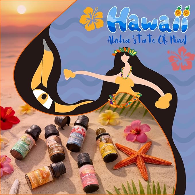 ARVIDSSON Hawaii Fragrance Oil Set, Summer Essential Oils for Diffuser, Tropical Scent Oils - Sunset Breeze, Coconut Coast, Gild Pineapple, Tropical Citrus, Iced Watermelon, Tanderine Mojito,