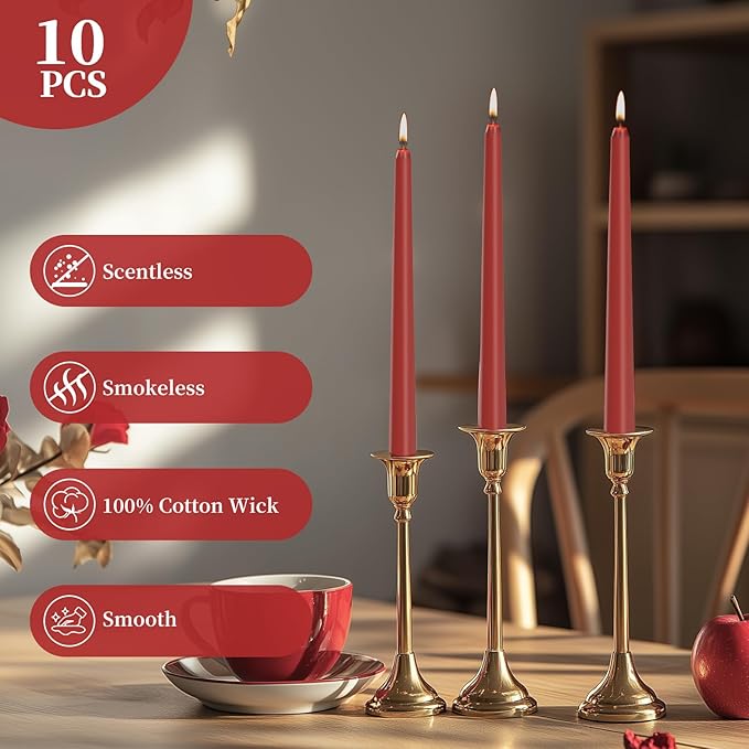 KONNI 0.87×10 Inch Dark Red Taper Candles, Unscented and Smokeless Tall Candlesticks, 10 Pack Tapered Candles with Cotton Wicks, Long Burning, Ideal for Weddings, Dinner Parties, and Home Décor