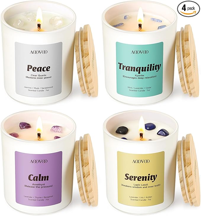 AOOVOO Stress Relief Candles Set for Women - 4 Pack Candles for Home Scented, 28 oz 200 Hour Burn, Aromatherapy Candle with Crystals, Peace/Tranquility Kyanite/Calm Amethyst/Serenity, Lapis Lazuli
