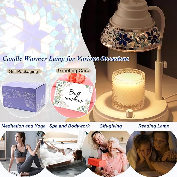 Electric Candle Warmer Lamp with Colorful Diamond Lampshade, Metal Wax Melting Lattern with Timer and Dimmer, Adjustable Height Candle Melting Lamp Home Decor (White)
